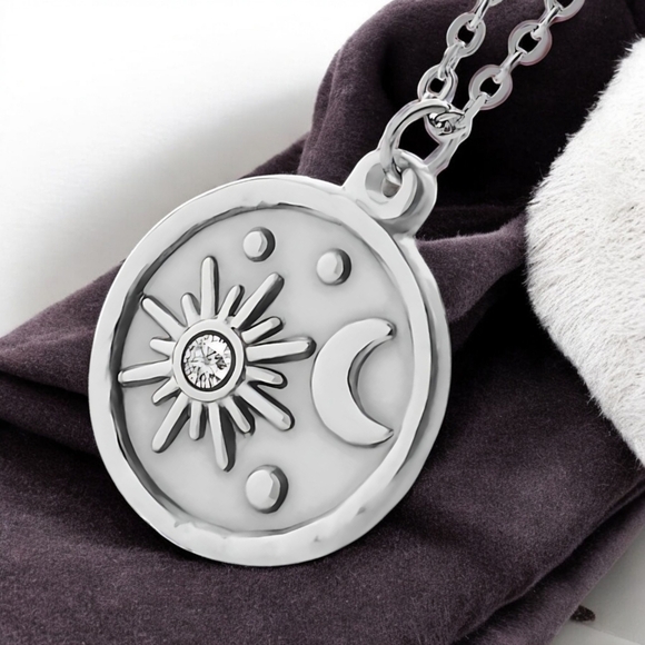 🆕️Celestial Sun & Moon Necklace 18K White Gold Plated Stainless Steel Medallion - Picture 6 of 12